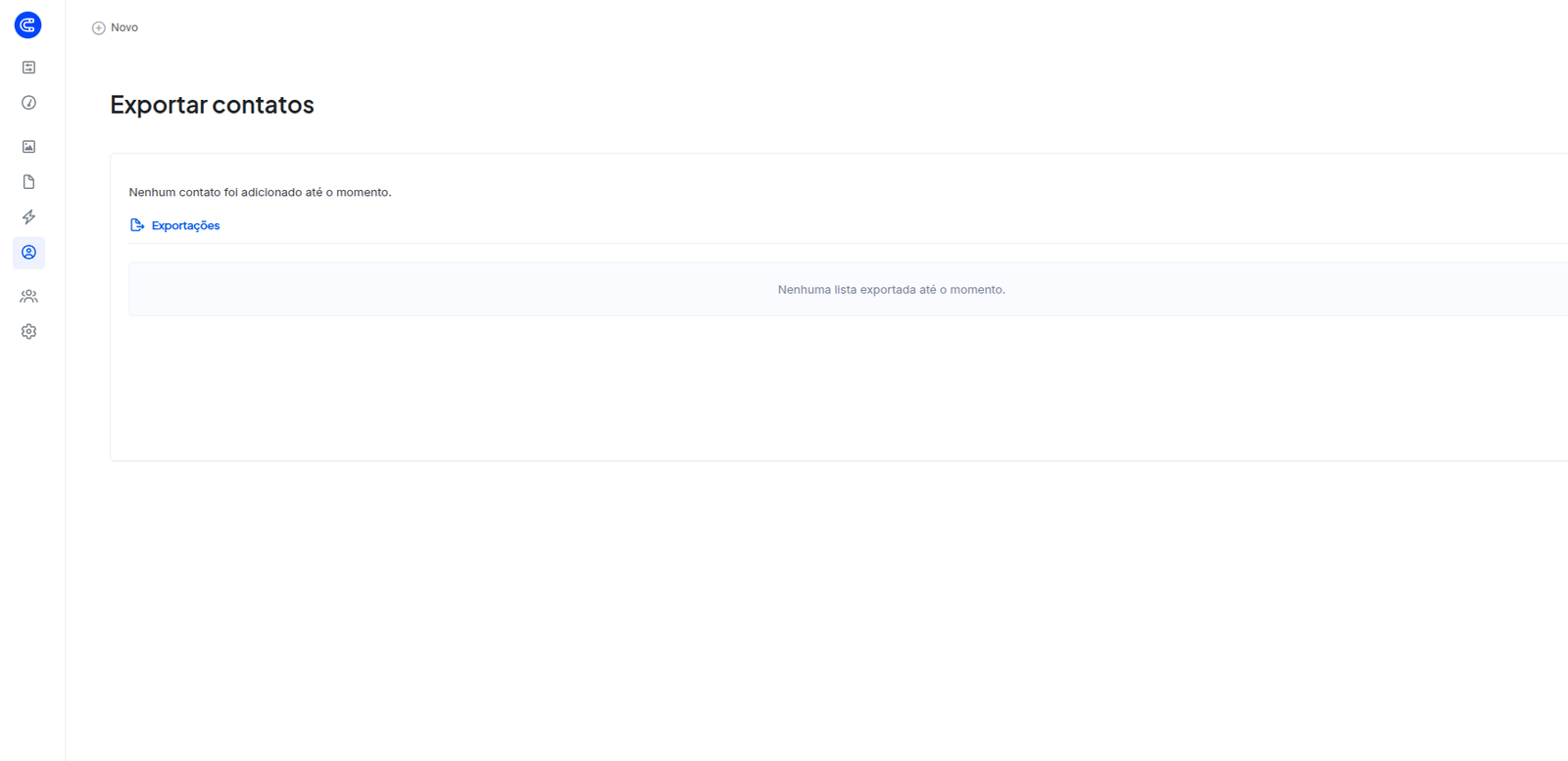 Tela Exportar contatos: aviso de que nenhum contato foi adicionado e a lista Exportações vazia.