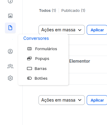 Submenu Conversores aberto na barra lateral, com Formulários, Popups, Barras e Botões.