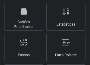 No painel de widgets: Cartões Empilhados, Estatísticas, Passos e Faixa Rolante.