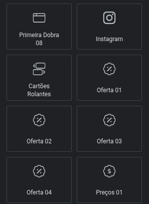 No painel de widgets: Primeira Dobra 08, Instagram, Cartões Rolantes, Ofertas 01 a 04 e Preços 01.