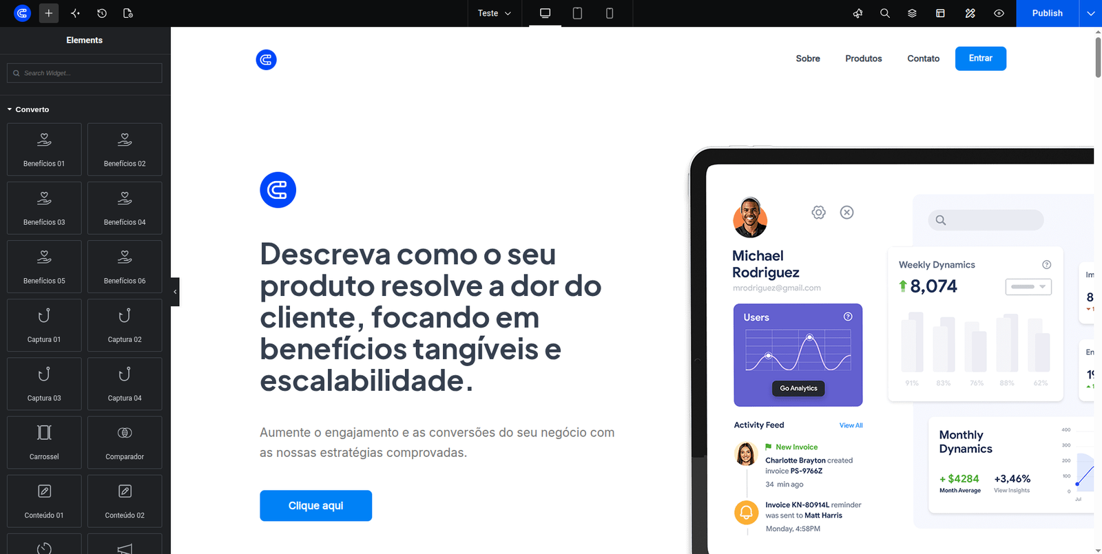 Painel de widgets do Elementor com a categoria Converto aberta e os widgets em grade, ao lado da página em edição.